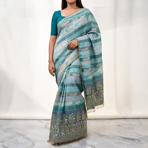 Blue_Weaving_Mirror_Printed_Saree_With_Blouse_Piece_For_Women