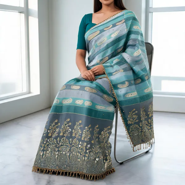 Blue_Weaving_Mirror_Printed_Saree_With_Blouse_Piece_For_Women