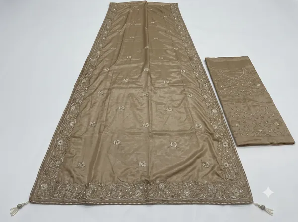 Taupe_Chocolate_Silk_Embroidered_Saree_With_Blouse_Piece_For_Women