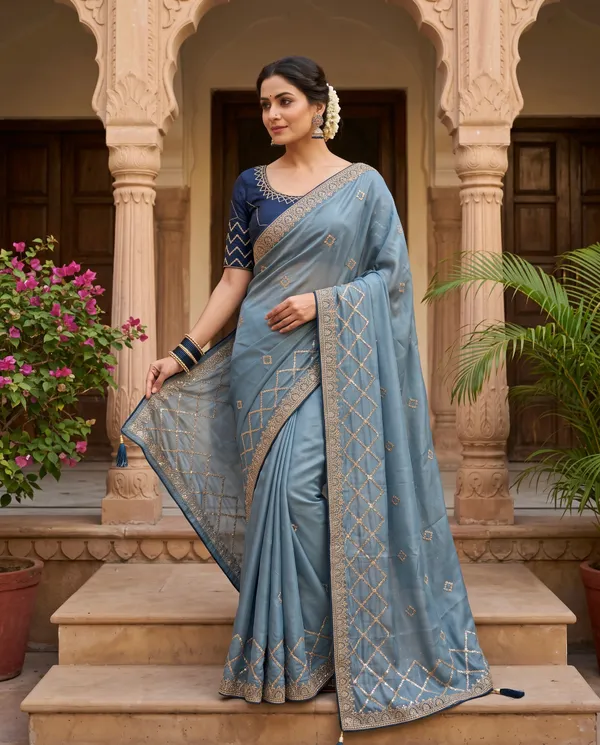 Steel_Blue_Chocolate_Handwork_Embroidered_Saree_With_Blouse_Piece_For_Women