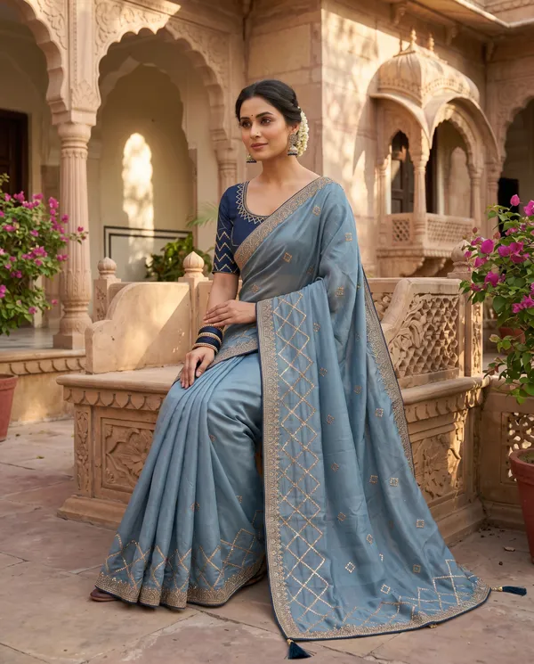 Steel_Blue_Chocolate_Handwork_Embroidered_Saree_With_Blouse_Piece_For_Women