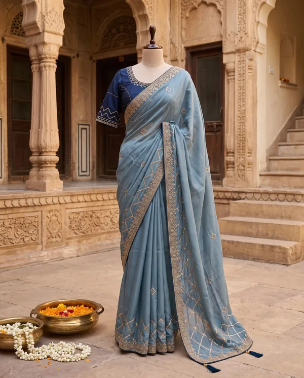 Steel_Blue_Chocolate_Handwork_Embroidered_Saree_With_Blouse_Piece_For_Women
