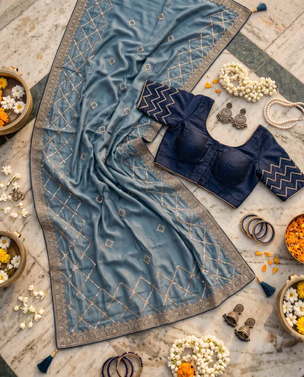 Steel_Blue_Chocolate_Handwork_Embroidered_Saree_With_Blouse_Piece_For_Women