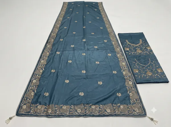 Blue_Chocolate_Silk_Embroidered_Saree_With_Blouse_Piece_For_Women