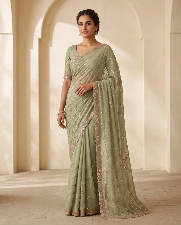 Olive_Green_Frendy_Silk_Net_Embellished_Saree_With_Blouse_Piece_For_Women