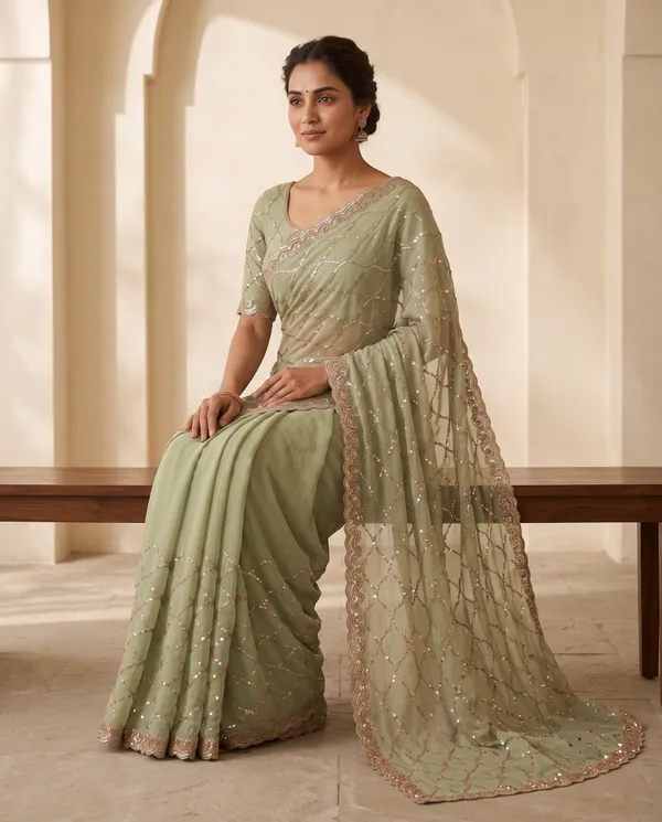 Olive_Green_Frendy_Silk_Net_Embellished_Saree_With_Blouse_Piece_For_Women
