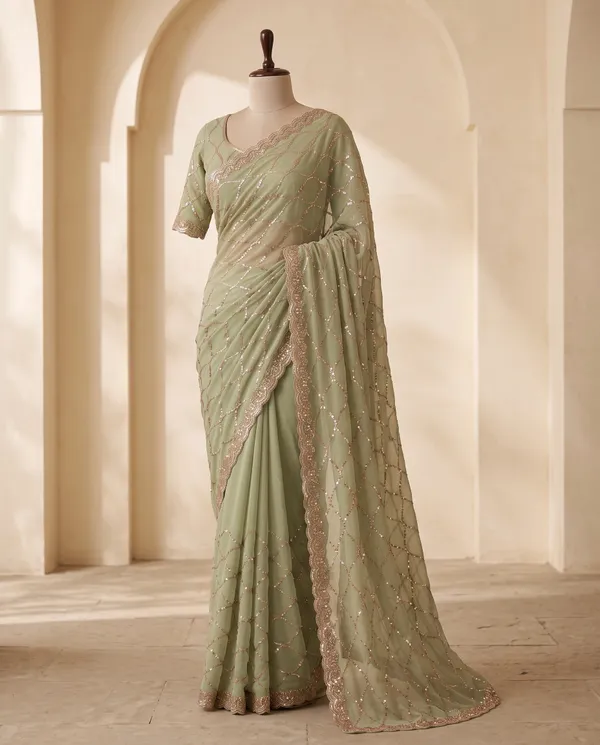 Olive_Green_Frendy_Silk_Net_Embellished_Saree_With_Blouse_Piece_For_Women