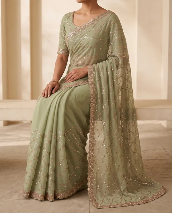 Olive_Green_Frendy_Silk_Net_Embellished_Saree_With_Blouse_Piece_For_Women