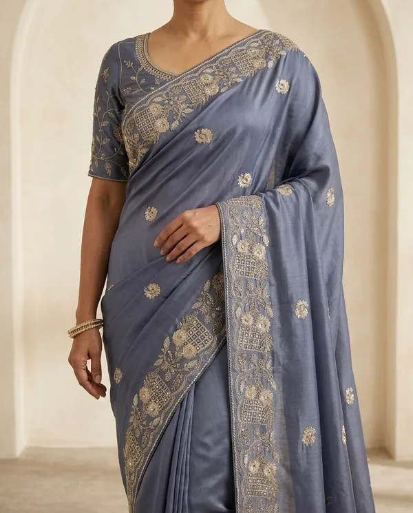 Steel_Blue_Chocolate_Silk_Embellished_Saree_With_Blouse_Piece_For_Women