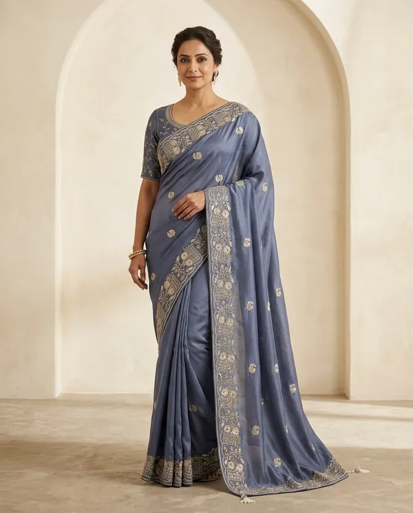 Steel_Blue_Chocolate_Silk_Embellished_Saree_With_Blouse_Piece_For_Women