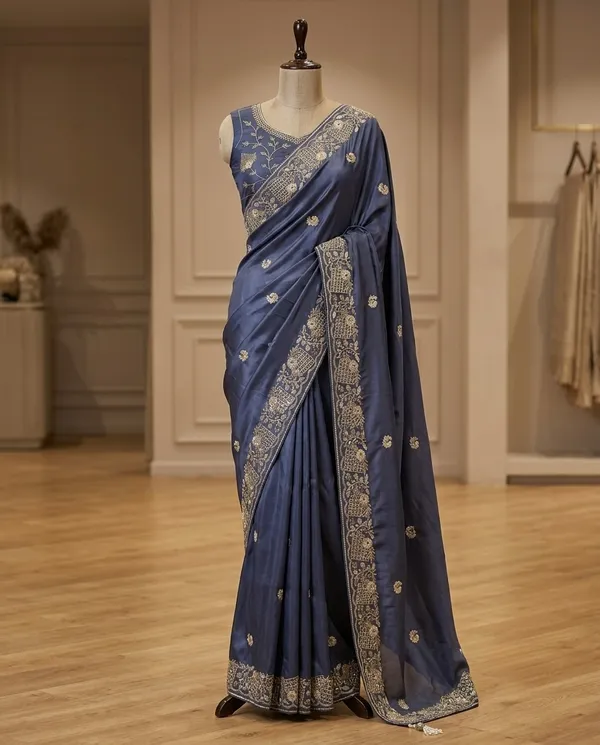 Steel_Blue_Chocolate_Silk_Embellished_Saree_With_Blouse_Piece_For_Women