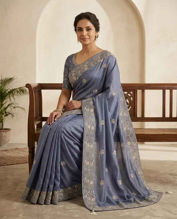 Steel_Blue_Chocolate_Silk_Embellished_Saree_With_Blouse_Piece_For_Women