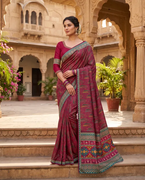Magenta_Mal_Viscose_Printed_Fringed_Saree_With_Blouse_Piece_For_Women