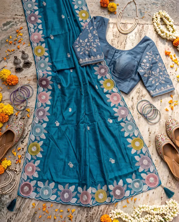Teal_Blue_H.O_Silk_Embroidered_Saree_With_Blouse_Piece_For_Women
