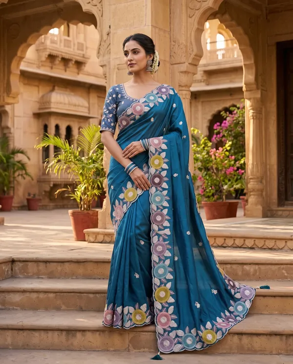 Teal_Blue_H.O_Silk_Embroidered_Saree_With_Blouse_Piece_For_Women