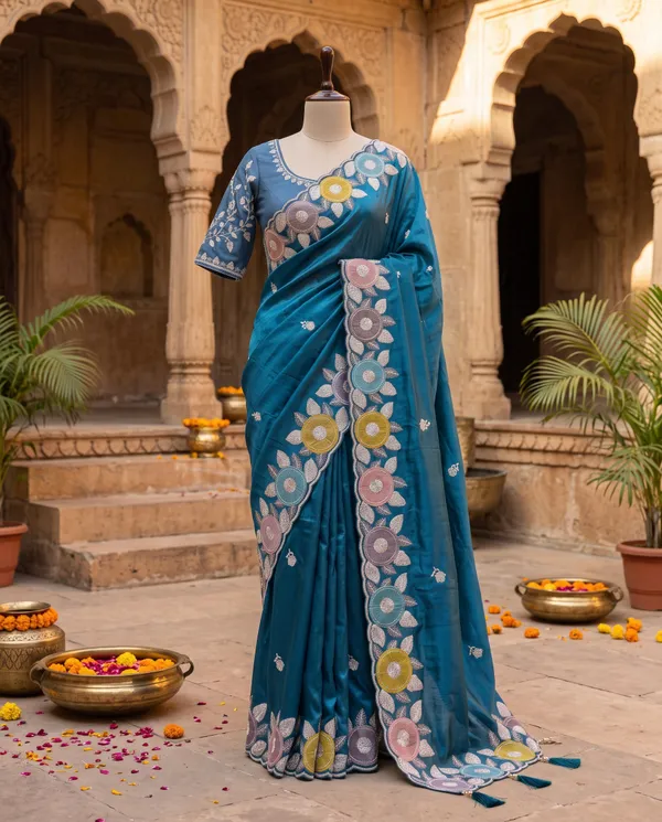 Teal_Blue_H.O_Silk_Embroidered_Saree_With_Blouse_Piece_For_Women