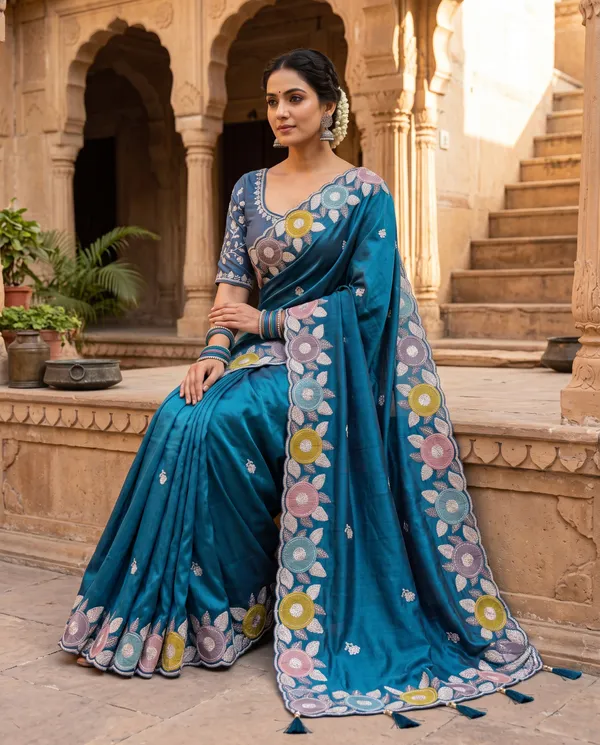 Teal_Blue_H.O_Silk_Embroidered_Saree_With_Blouse_Piece_For_Women