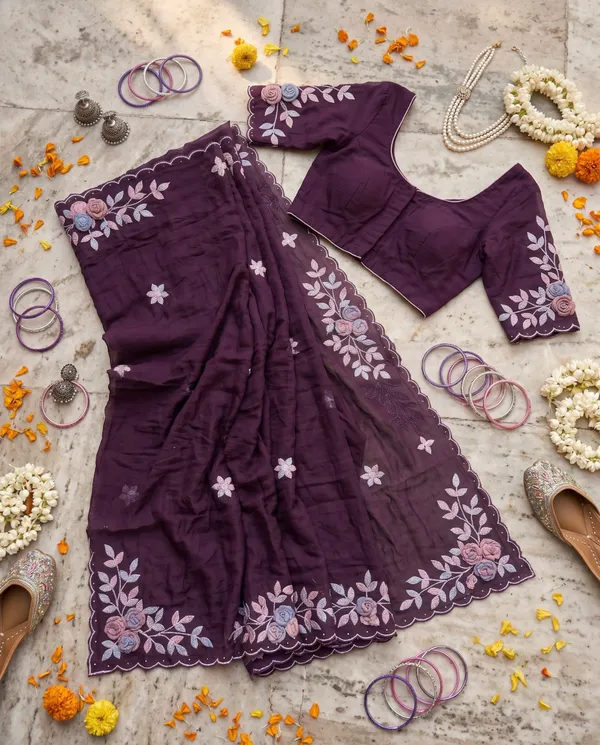 Wine_Mulberry_Silk_Embroidered_Saree_With_Blouse_Piece_For_Women
