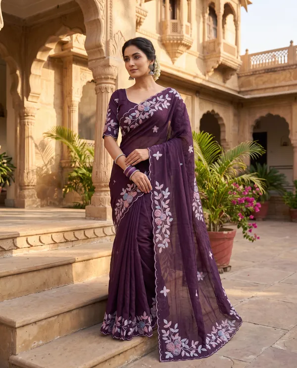Wine_Mulberry_Silk_Embroidered_Saree_With_Blouse_Piece_For_Women