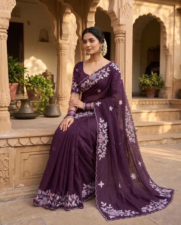Wine_Mulberry_Silk_Embroidered_Saree_With_Blouse_Piece_For_Women