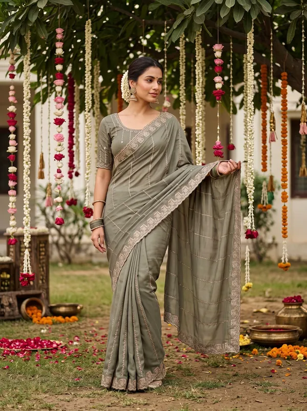 Olive_Green_Satin_Chiffon_Embellished_Saree_With_Blouse_Piece_For_Women