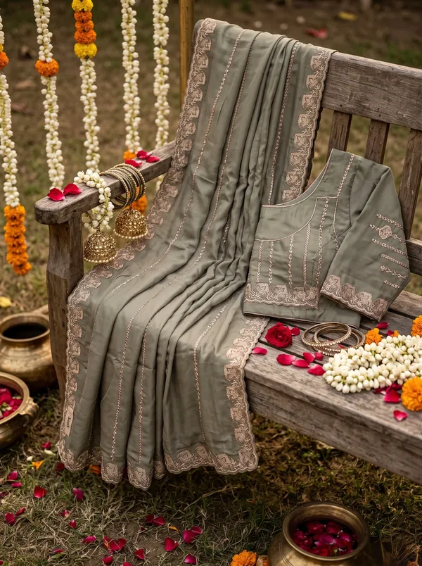Olive_Green_Satin_Chiffon_Embellished_Saree_With_Blouse_Piece_For_Women