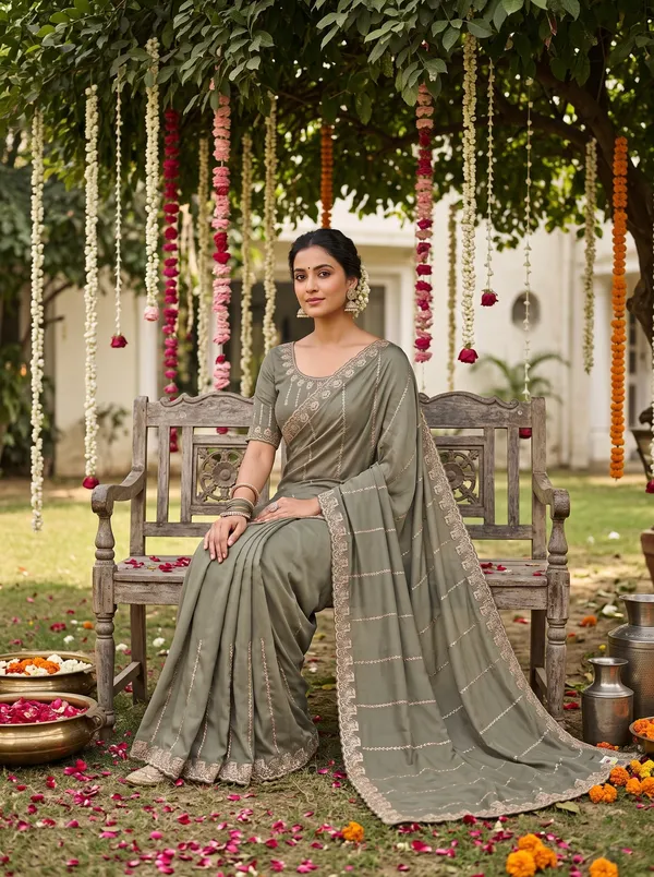 Olive_Green_Satin_Chiffon_Embellished_Saree_With_Blouse_Piece_For_Women