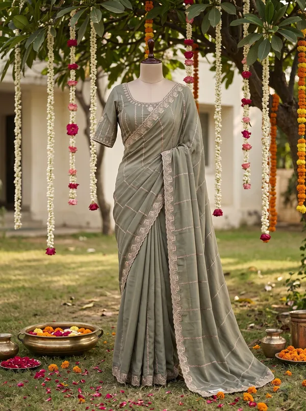 Olive_Green_Satin_Chiffon_Embellished_Saree_With_Blouse_Piece_For_Women