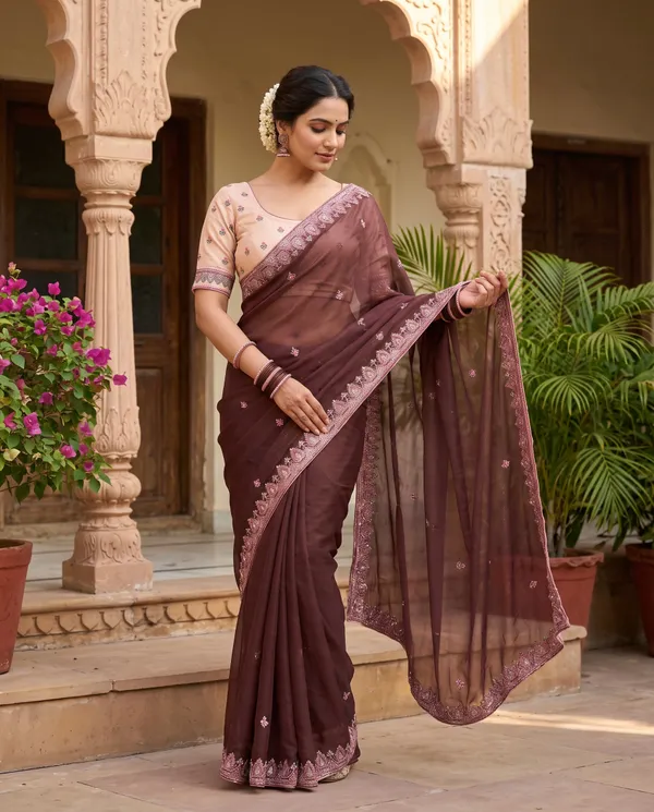 Dark_Brown_Silk_Embroidered_Saree_With_Blouse_Piece_For_Women
