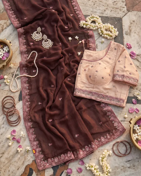 Dark_Brown_Silk_Embroidered_Saree_With_Blouse_Piece_For_Women