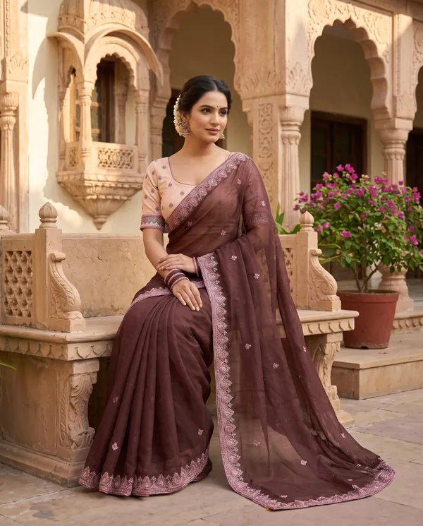 Dark_Brown_Silk_Embroidered_Saree_With_Blouse_Piece_For_Women