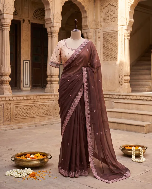 Dark_Brown_Silk_Embroidered_Saree_With_Blouse_Piece_For_Women