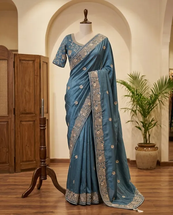 Teal_Blue_Chocolate_Silk_Embroidered_Saree_With_Blouse_Piece_For_Women