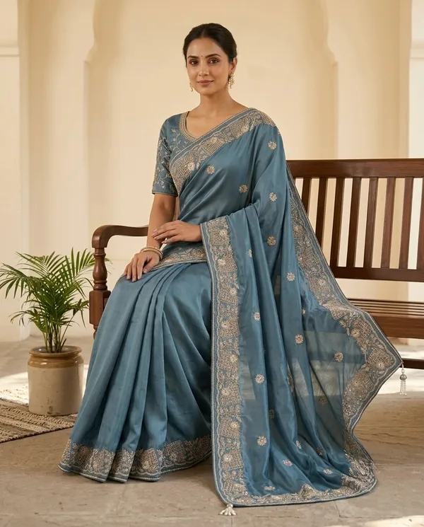 Teal_Blue_Chocolate_Silk_Embroidered_Saree_With_Blouse_Piece_For_Women