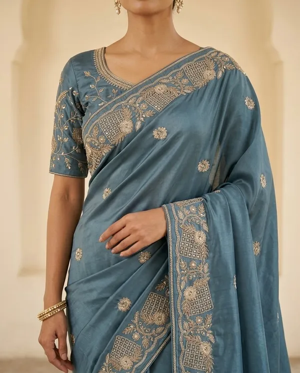 Teal_Blue_Chocolate_Silk_Embroidered_Saree_With_Blouse_Piece_For_Women