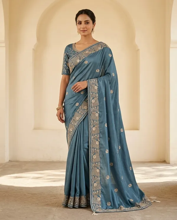 Teal_Blue_Chocolate_Silk_Embroidered_Saree_With_Blouse_Piece_For_Women