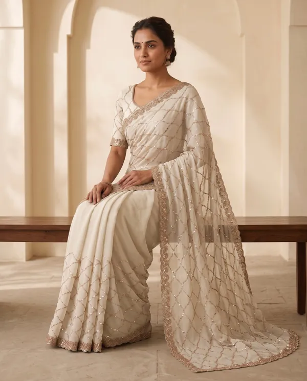 White_Heavy_Work_Saree_With_Blouse_Piece_For_Women