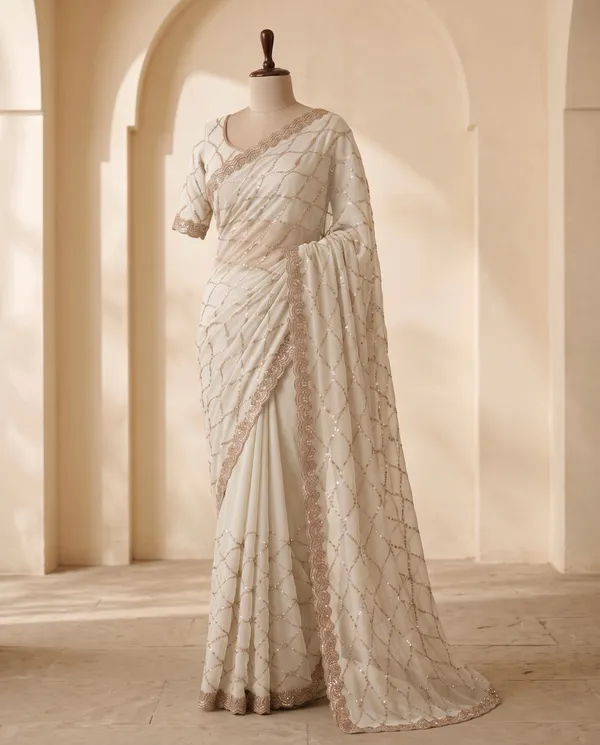 White_Heavy_Work_Saree_With_Blouse_Piece_For_Women