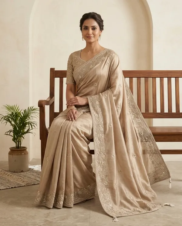 Beige_Chocolate_Silk_Embroidered_Saree_With_Blouse_Piece_For_Women