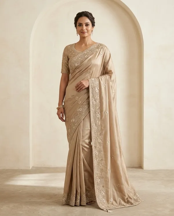 Beige_Chocolate_Silk_Embroidered_Saree_With_Blouse_Piece_For_Women