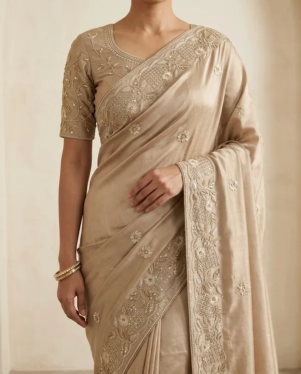 Beige_Chocolate_Silk_Embroidered_Saree_With_Blouse_Piece_For_Women