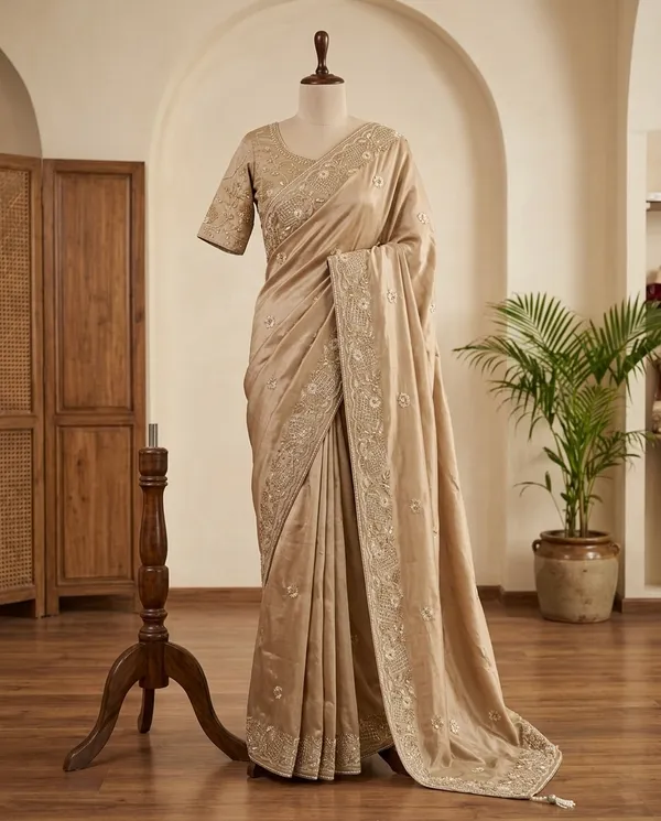 Beige_Chocolate_Silk_Embroidered_Saree_With_Blouse_Piece_For_Women