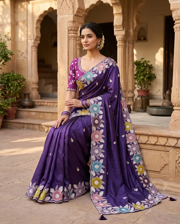 Violet_H.O_Silk_Embroidered_Saree_With_Blouse_Piece_For_Women