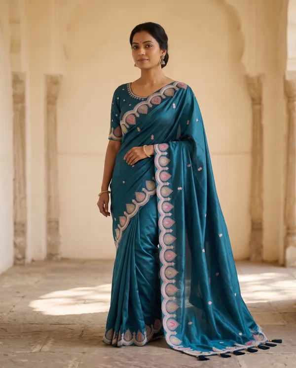 Peacock_Blue_H.O_Silk_Embellished_Saree_With_Blouse_Piece_For_Women