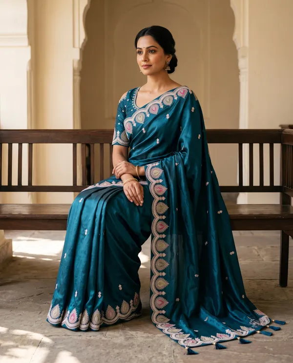 Peacock_Blue_H.O_Silk_Embellished_Saree_With_Blouse_Piece_For_Women
