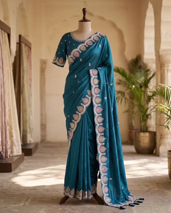 Peacock_Blue_H.O_Silk_Embellished_Saree_With_Blouse_Piece_For_Women