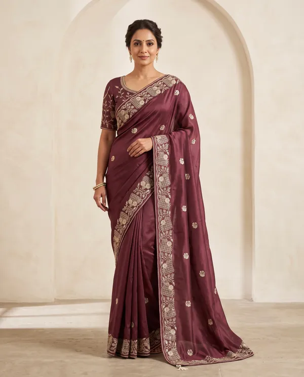 Burgundy_Chocolate_Silk_Floral_Print_Saree_With_Blouse_Piece_For_Women