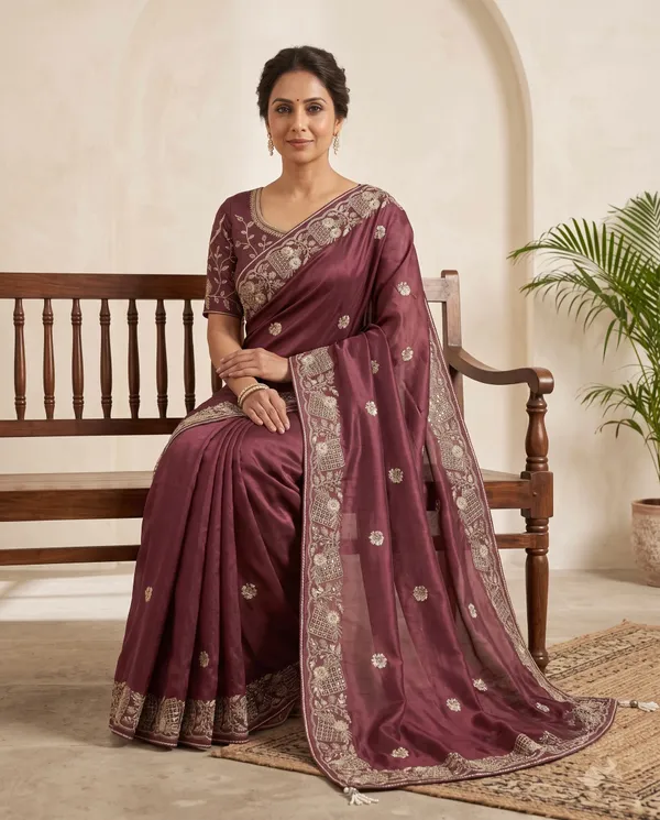Burgundy_Chocolate_Silk_Floral_Print_Saree_With_Blouse_Piece_For_Women