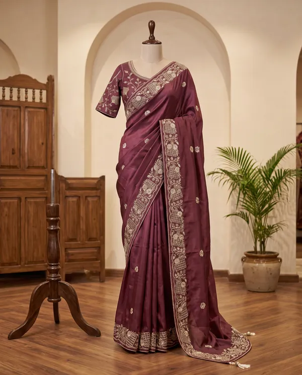 Burgundy_Chocolate_Silk_Floral_Print_Saree_With_Blouse_Piece_For_Women