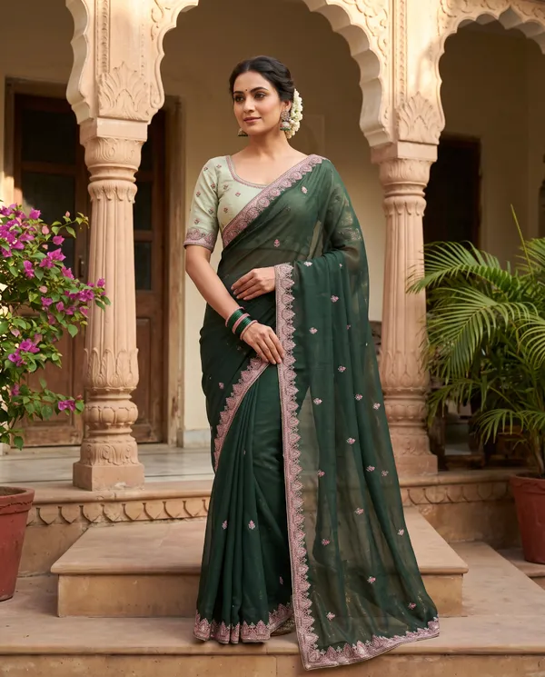 Deep_Green_Chocolate_Silk_Floral_Border_Saree_With_Blouse_Piece_For_Women